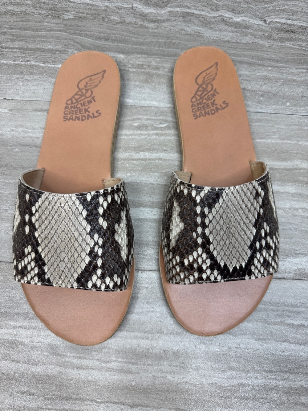 Ancient Greek Sandals Snake-Print Leather Slide Sandals Size 8.5
